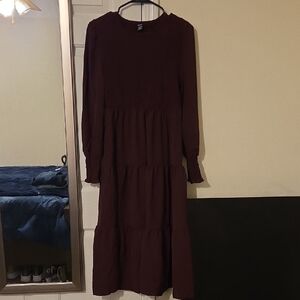 SHEIN Long Sleeve Tiered Maxi Dress - Burgundy